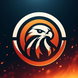 a logo of a falcon head above fire