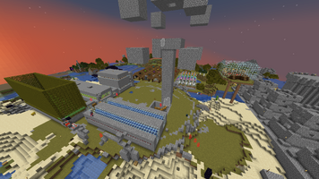 A flat plateau west of the base was used as a building ground for automated farms constructed by MightyOshy, this includes a melon/pumpkin farm, sugarcane farm, bamboo/kelp farm, colored wool farm and an iron farm as a centerpiece. Taken at 2023/10/13