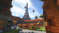 Vertrix's Village, with Crawket's balloons and Beezlesnort's & LordGalvatronMC's rendition of the Eiffel tower (NOTE: The Eiffel tower is originally a Voxel).